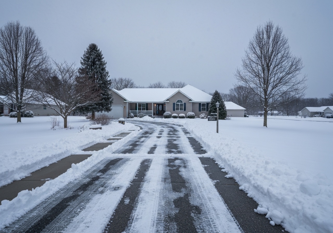 Freshly plowed residential driveway after a Michigan snowstorm