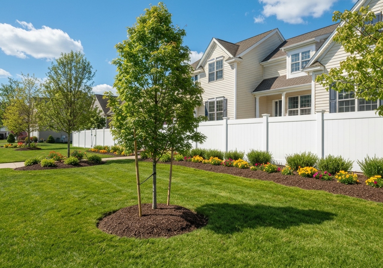 Newly planted ornamental tree with a tidy mulch ring in the Kalamazoo area